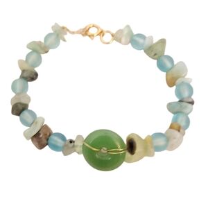 Jade Circle Sea Glass Beaded Bracelet with Gold Clasp